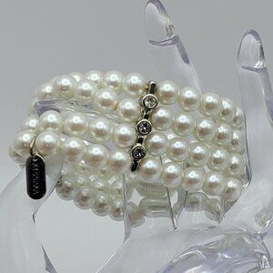 KISSAKA Crystal & White Faux Pearl Glass Bead Stretch Statement Bracelet 6.75"